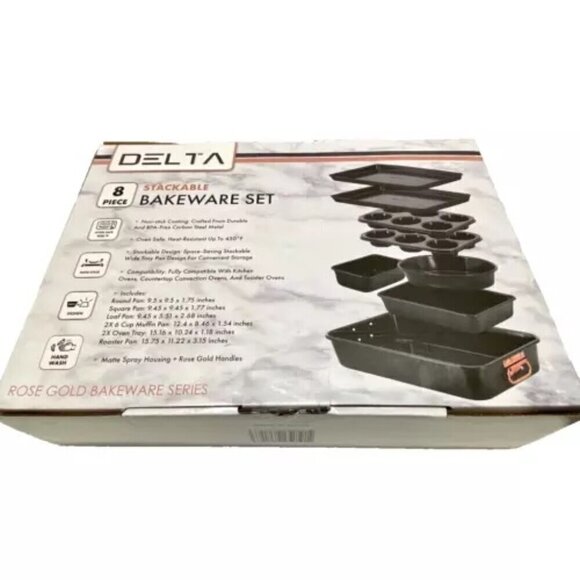 Delta 8 Piece Nonstick Stackable Bakeware Set Matte Black Rose Gold Trim NIB - Picture 12 of 13